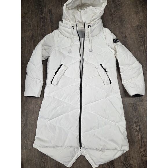 NVLT Water Repellent Hooded Down Coat Off-White Black Puffer Long Medium - Picture 1 of 10